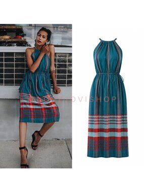 Coastal | Ann Taylor Plaid Halter Midi Lined Dress | Drawstring Waist Tassel 12